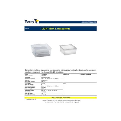 Contenitore multiuso TERRY Light Box L 23 lt. trasparente 37,8x39,6x18,5 cm 1001380